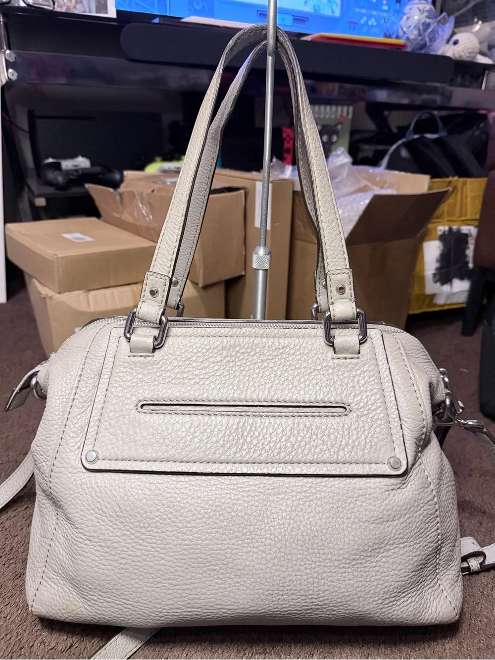 Michael Kors Gray Pebbled Women's Satchel Handbag with Silver Zipper Accents